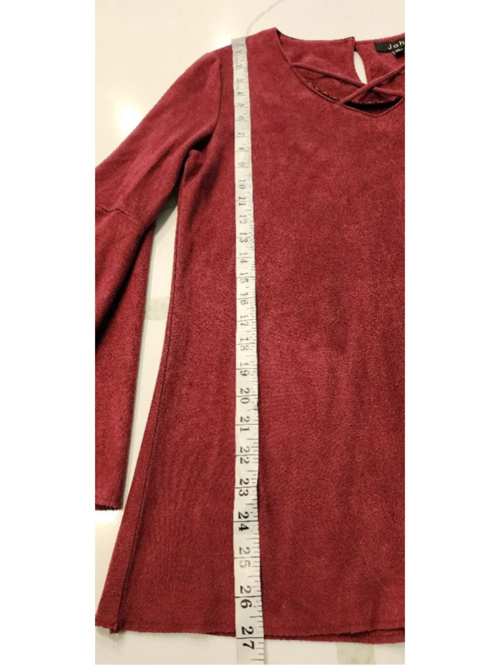 Joh Womens Burgundy Faux Suede Bell Sleeve Tunic Top M Keyhole Crisscross Blouse